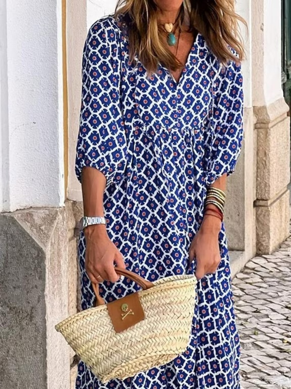 Gorgeous Navy & Coral Geometric Print, Miduo Butterfly-Sleeve, Maxi Dress, NWT S - Picture 1 of 9